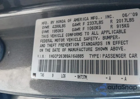 2009 Honda Accord 2.4 Lx из США, поврежденный, VIN 1HGCP26389A164885